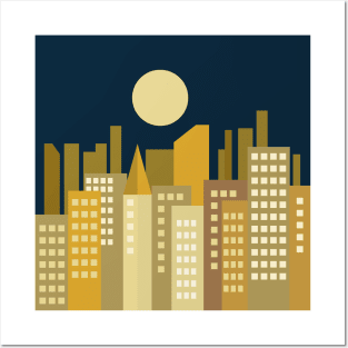 Yellow Moon Night Modern City Skyline Posters and Art